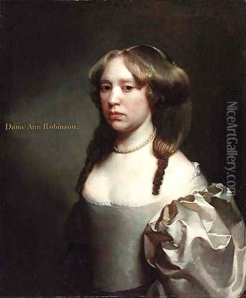 Portrait of Dame Ann Robinson, half-length, in a silver dress Oil Painting - Gerard Soest