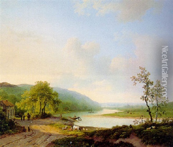 A Mountainous River Landscape In Summer Oil Painting - Marinus Adrianus Koekkoek