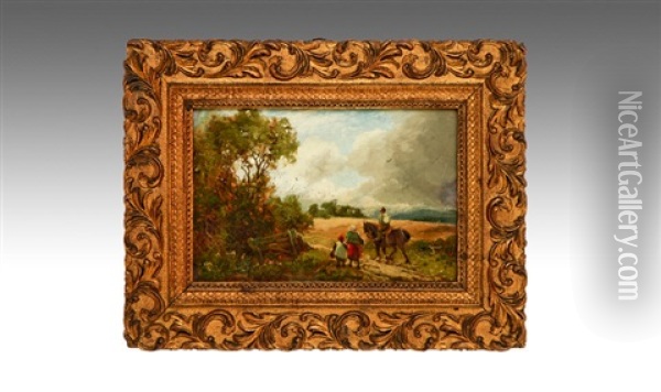 Farmer On Horseback On A Country Track Alongside A Lady & Her Daughter Oil Painting - William Manners
