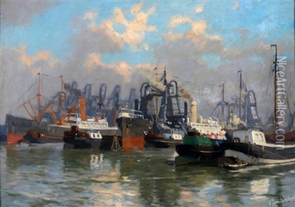 Lossende Schepen In De Maashaven Rotterdam Oil Painting - Gijsbertus Johannes Van Overbeek