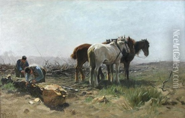 Heavy Horses Logging Oil Painting - Herman Johannes van der Weele