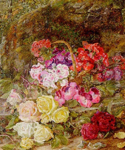 Geraniums And Sweet Peas, In A Wicker Basket With Roses On A Mossy Bank Oil Painting - Vincent Clare