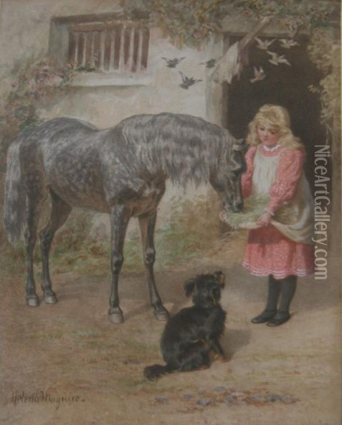 The Pony's Breakfast Oil Painting - Helena J. Maguire