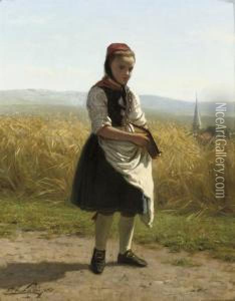 On Her Way To School Oil Painting - Philippe Lodowyck Jacob Sadee