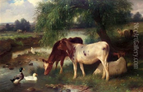 Calves And Mallards At A Stream Oil Painting - Walter Hunt