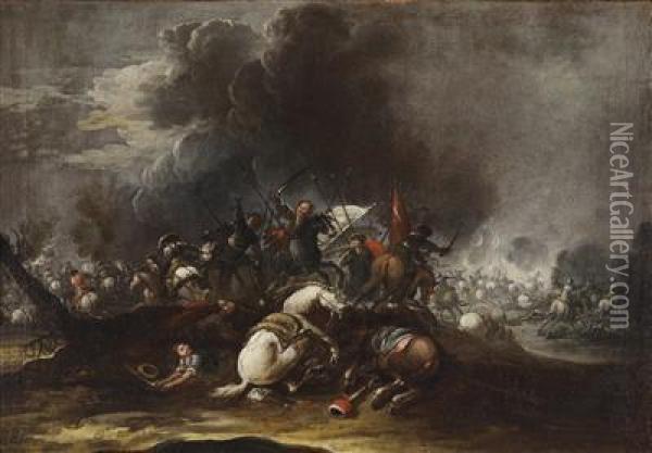 A Battle Scene Oil Painting - Guglielmo Cortese Il Borgognone