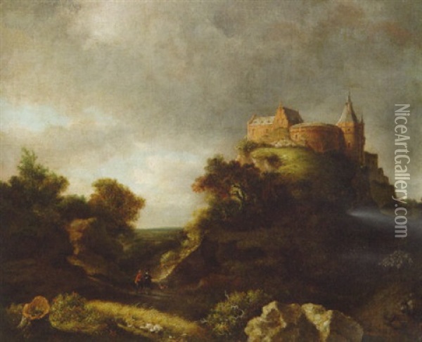 A Landscape With Travellers On A Path By Benheim Castle Oil Painting - Jacob Van Ruisdael