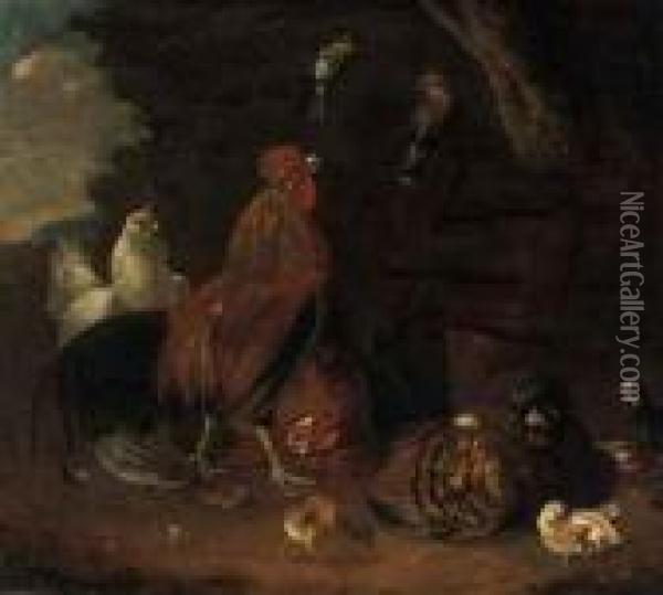 A Rooster, Hens, Chicks And Other Birds In A Landscape Oil Painting - Melchior de Hondecoeter
