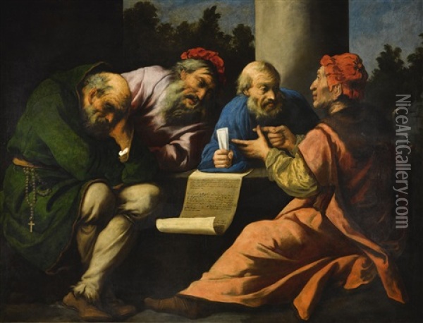 A Dispute Among The Doctors, Possibly The Four Fathers Of The Church Oil Painting - Pietro della Vecchia