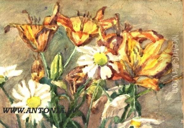 Daisies And Lilies Oil Painting - Alfreds Plite Pleita