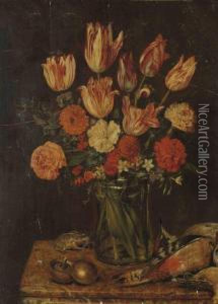 Fleurs, Grenouille Et Oiseau Oil Painting - Michel Joseph Speeckaert