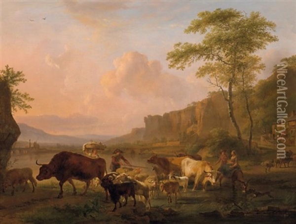 Der Viehtrieb. Hirten Und Landvolk An Einer Furt In Weitem Flustal Oil Painting - Balthasar Paul Ommeganck