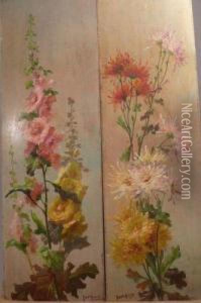 Deux Panneaux Formant Pendant A Decor De Roses Tremiere Etdahlia Oil Painting - Emile Godchaux