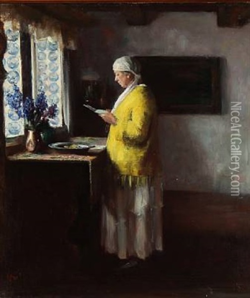 Interior With A Standing Woman Dressed In A Yellow Shirt And Blue Tiles In The Window, Presumably From The Frisian Islands Oil Painting - Herman Albert Gude Vedel