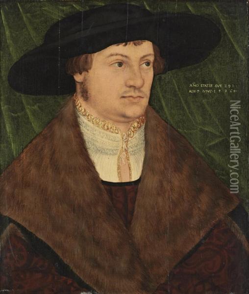 Portrait Of A Gentleman, Bust-length, In A Black Hat, A White Shirt With A Gold-trimmed Lace Collar And A Fur-lined Mantle, A Draped Green Curtain Behind Oil Painting - Simon Franck