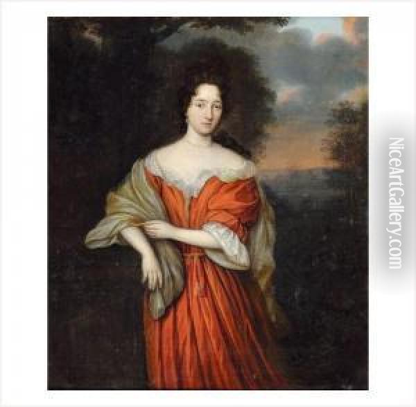 Portrait De Femme A La Robe Rouge Sur Fond De Paysage Oil Painting - Aleijda Wolfsen