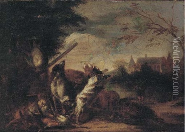 A Wooded River Landscape With A Huntsman And His Dogs (+ A Wooded River Landscape With Dead Game In A Clearing; Pair) Oil Painting - Adriaen de Gryef