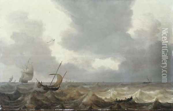 A fishing boat and a rowing boat in choppy waters, a Dutch three-master in the distance Oil Painting - Jan Porcellis