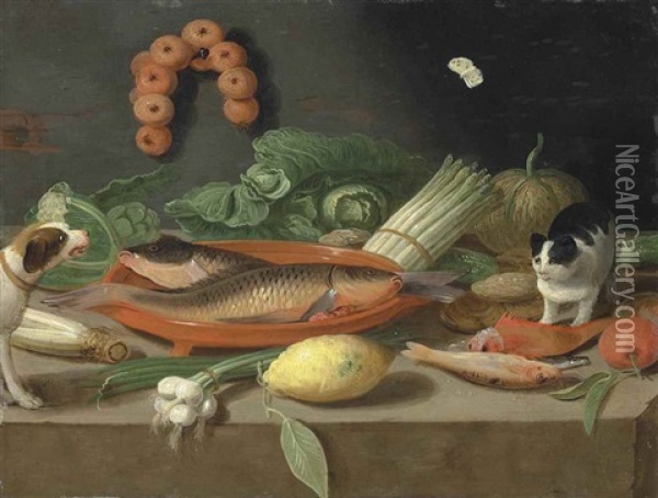 Carp In A Terracotta Dish, With Oysters, Asparagus, Cabbage, Onions, A Lemon And Other Fish And Vegetables, With A Butterfly, A Cat And Dog, On A Ledge Oil Painting - Jan van Kessel the Younger