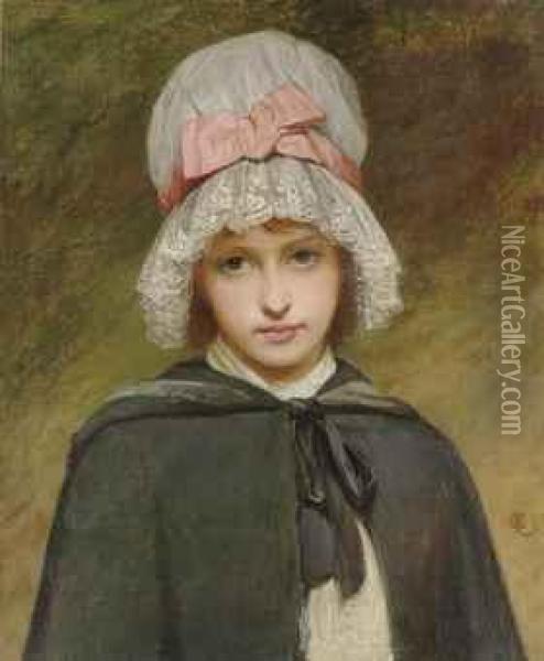 A Young Girl In A Wooded Landscape In A White Mob Cap With Pink Ribbon Oil Painting - Charles Sillem Lidderdale