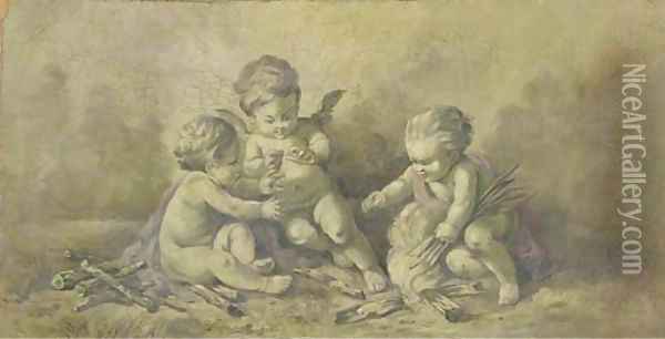 Three putti lighting a fire en grisaille Oil Painting - Piat Joseph Sauvage