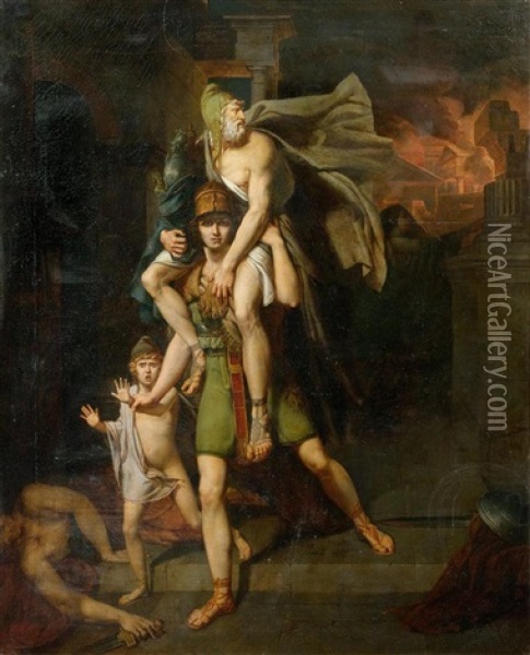Aeneas Fleeing With His Father Anchises And Son From The Burning City Of Troy Oil Painting - Charles Brocas