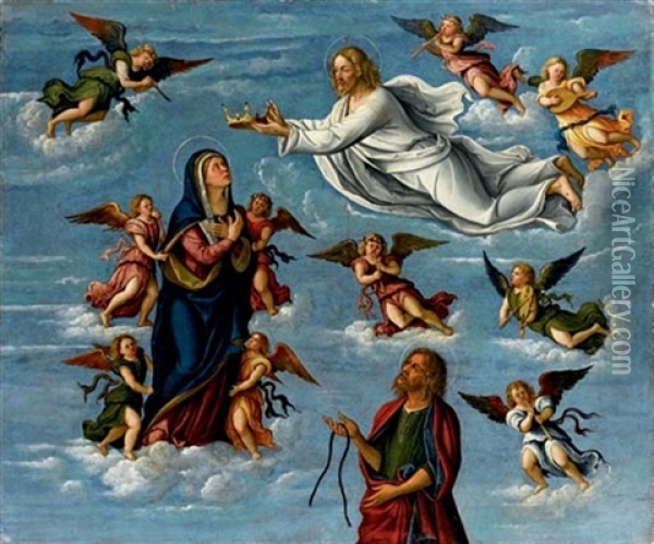 Vergine Assunta In Cielo Tra Angeli Musicanti Con Cristo Che La Incorona, E San Tommaso Oil Painting - Girolamo da Santacroce