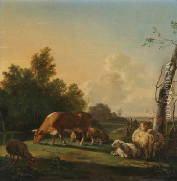Vaches Et Moutons Au Pre Au Bord De L'eau Oil Painting - Pieter Gerardus Van Os
