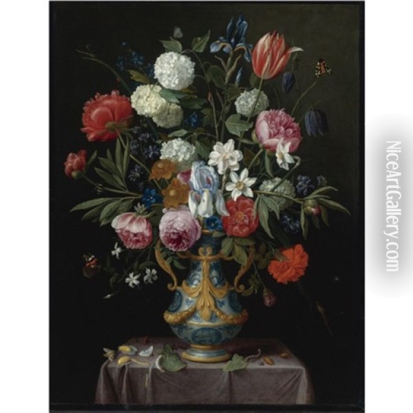 Still Life Of Irises, Peonies, Narcissi, A Tulip And Other Flowers In A Blue-and-white Porcelain Vase With Ormolu Mounts On A Draped Pedestal Oil Painting - Jan van Kessel the Elder