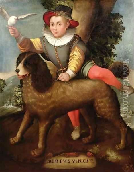 Boy and Dog, 'Bibius Vincit' Oil Painting - Sofonisba Anguissola