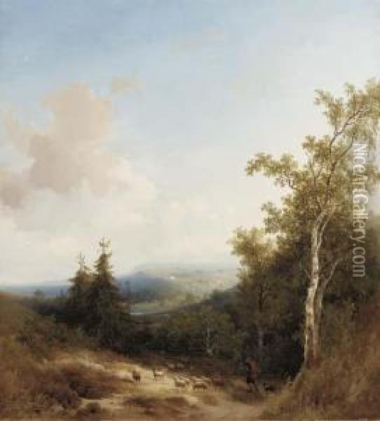 A Shepherd On A Mountain Path, A Valley Beyond Oil Painting - Johannes Warnardus Bilders