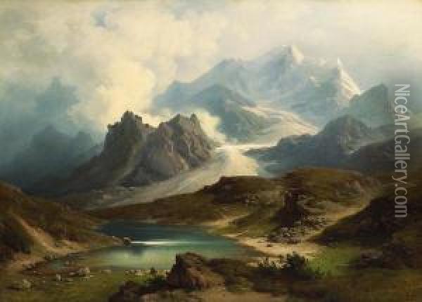 A Mountainous Landscape With A Glacier Oil Painting - Heinrich Steinike