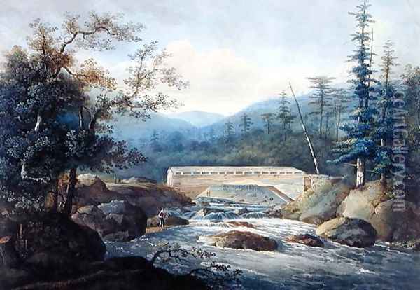 Covered Bridge across the Sacandaga River, Hadley, NY, c.1820 Oil Painting - William Guy Wall