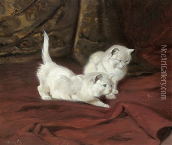 Zwei Weise Katzen Jagen Ein Insekt Oil Painting - Arthur Heyer