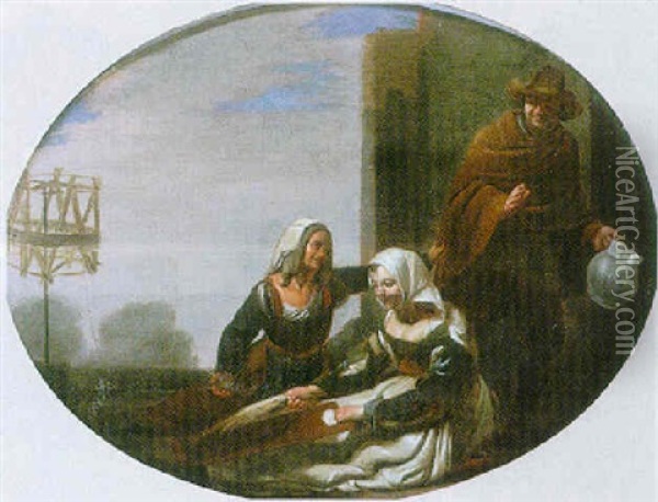Two Women Spinning Wool With A Man Holding A Jug Behind Oil Painting - Johannes Lingelbach
