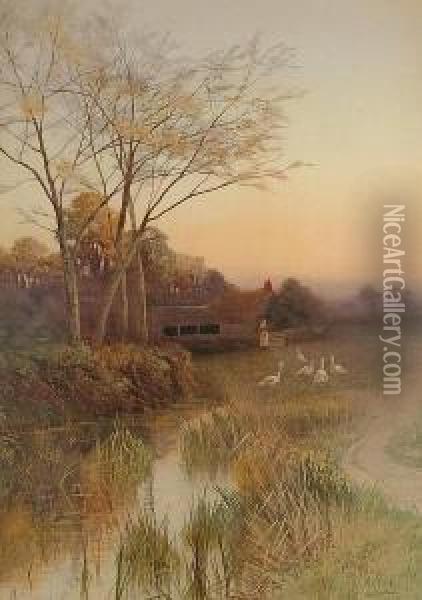 Geese By A River; Figure On A Rural Lane Oil Painting - George Oyston