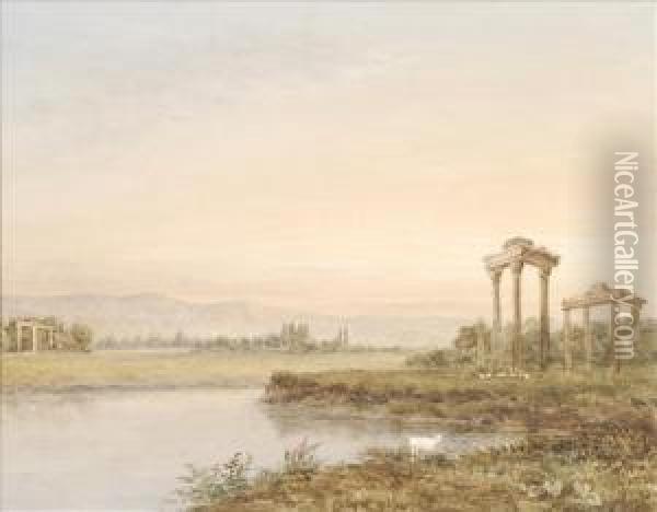 Landscape With Classical Ruins Oil Painting - George Jnr Barrett