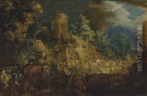 A Cattle Market Near A Ruined Farmstead In A Village By A River Oil Painting - Roelandt Savery