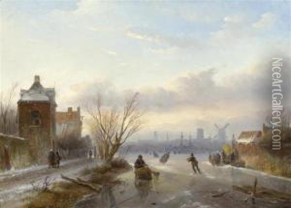 Dutch Winter Landscape With Skaters And A Town In The Background Oil Painting - Jan Jacob Coenraad Spohler