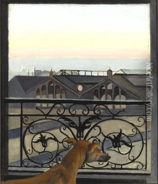 Dog On A Balcony, Paris Oil Painting - Joseph Stella