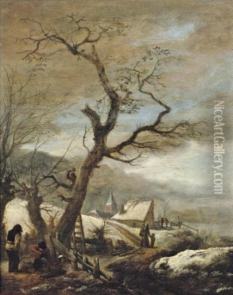 A Winter Landscape With Woodcutters And Travellers On A Path, A Village Beyond Oil Painting - Pieter Wouwermans or Wouwerman