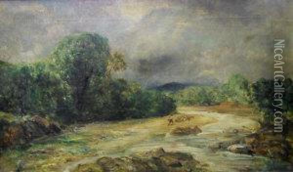 Figure By A Stream In A Mountain Landscape Oil Painting - Ramon Marti Y Alsina