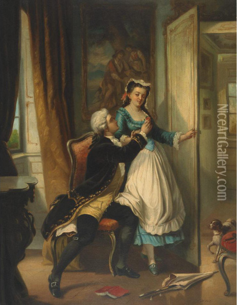 Lovers In A Period Interior With A Dog In Thedoorway Oil Painting - Charles Edouard Edmond Delort