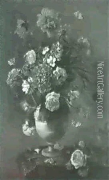 Blumenstilleben. Rosen, Akeleinelken Und Andere Bluten In   Einer Balustervase Auf Einem Marmorsockel. Oil Painting - Nicolas Baudesson