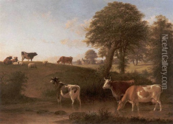 Cows In Landscape With Farmhouse In Distance Oil Painting - Thomas Hewes Hinckley