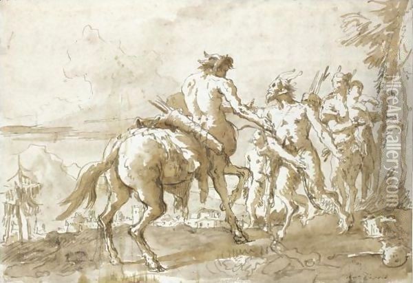 A Centaur Meeting A Faun And His Family Oil Painting - Giovanni Domenico Tiepolo