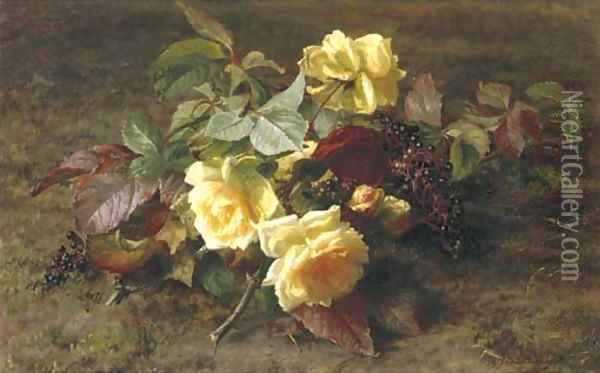 Yellow roses and elderberries on a forest floor Oil Painting - Geraldine Jacoba Van De Sande Bakhuyzen