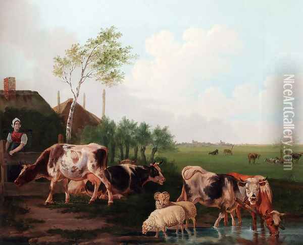 A Summer Landscape With Cows And Sheep By A Pool And A Milkmaid Watching Oil Painting - Albertus Verhoesen
