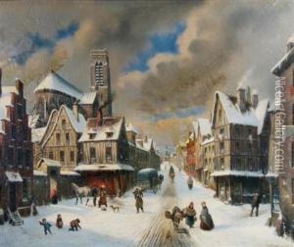 Winter Town Scene Oil Painting - Louis Claude Malbranche