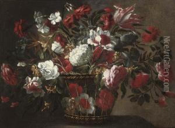 Tulips, Roses, Hydrangas And Other Flowers In A Wicker Basket On Aledge Oil Painting - Juan De Arellano